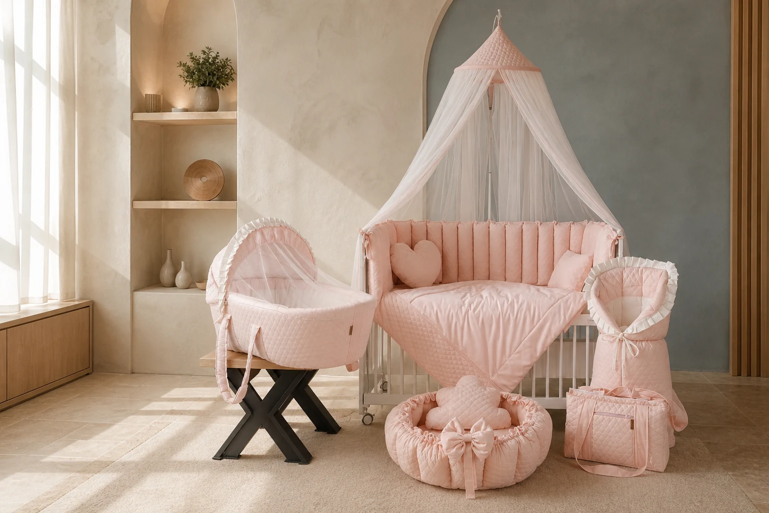 Blush quilted nursery collection styled in a warm contemporary interior