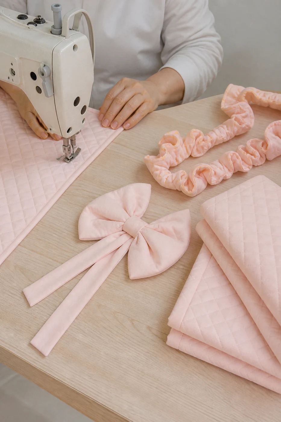 Hands guiding blush diamond-quilted cotton beneath a sewing machine